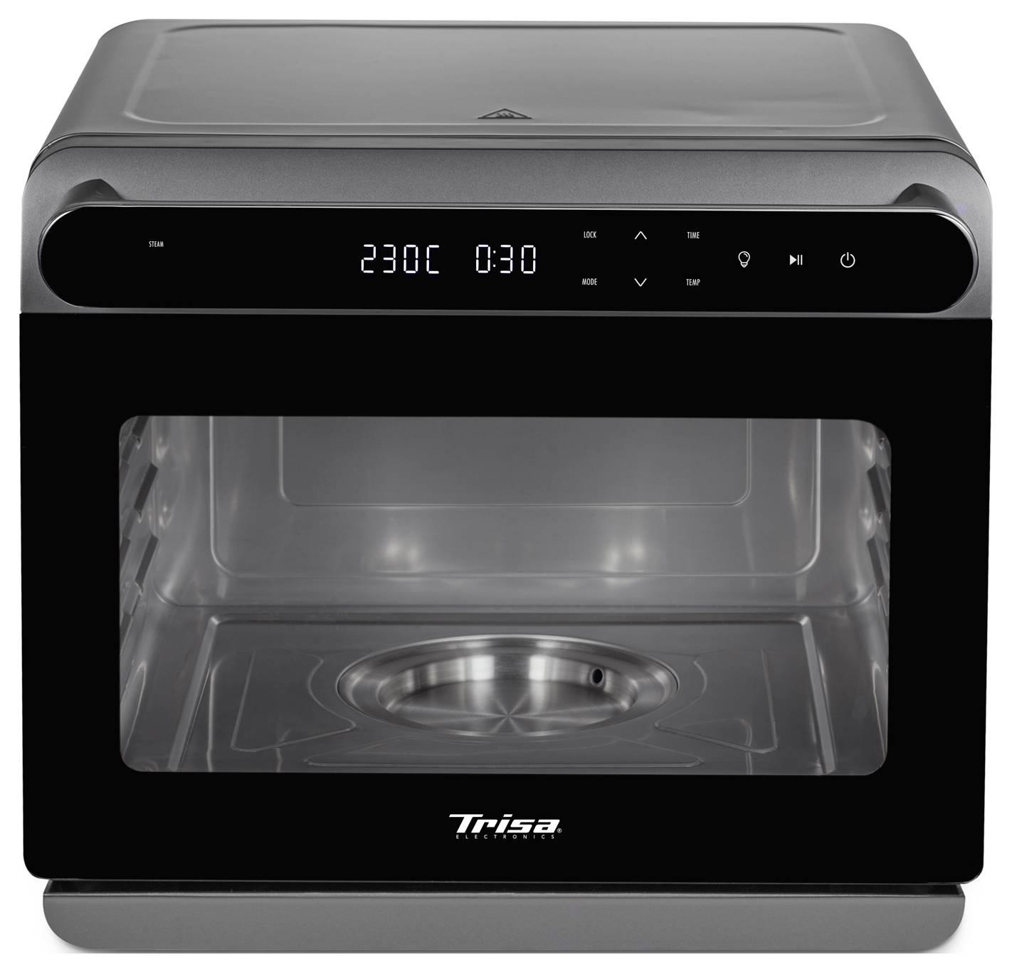 Een moderne oven met een digitaal display waarop '230C' wordt weergegeven en een timer ingesteld op '0:30'. Glazen deur geeft zicht op de binnenkant. Trisa-merknaam op de voorkant.
