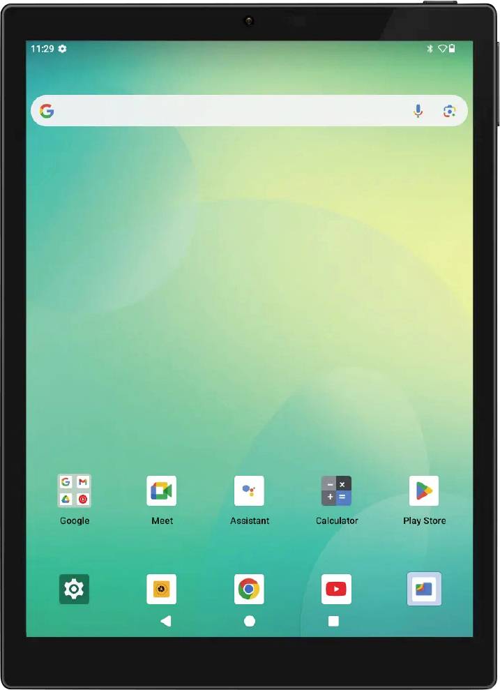 Een tabletscherm met verschillende app-pictogrammen zoals Google, Meet, Assistent, Rekenmachine, Play Store en YouTube op een groene achtergrond.