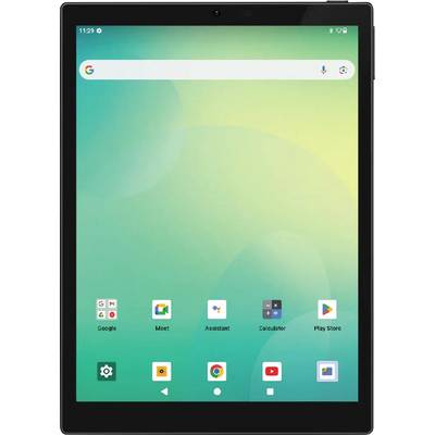 Een tabletscherm met verschillende app-pictogrammen zoals Google, Meet, Assistent, Rekenmachine, Play Store en YouTube op een groene achtergrond.