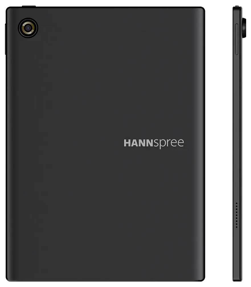 Zwarte tablet met achtercamera en 'HANNspree'-logo op de achterkant; zijaanzicht toont slanke profiel.