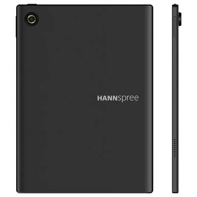 Zwarte tablet met achtercamera en 'HANNspree'-logo op de achterkant; zijaanzicht toont slanke profiel.