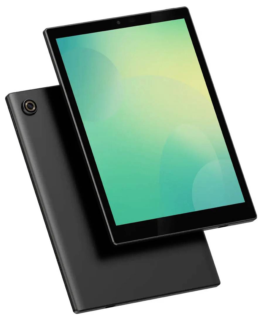Een zwarte tablet met een groot scherm waarop een groene gradiënt wordt weergegeven, getoond van voren en van achteren. De camera is zichtbaar in de linkerbovenhoek aan de achterkant.