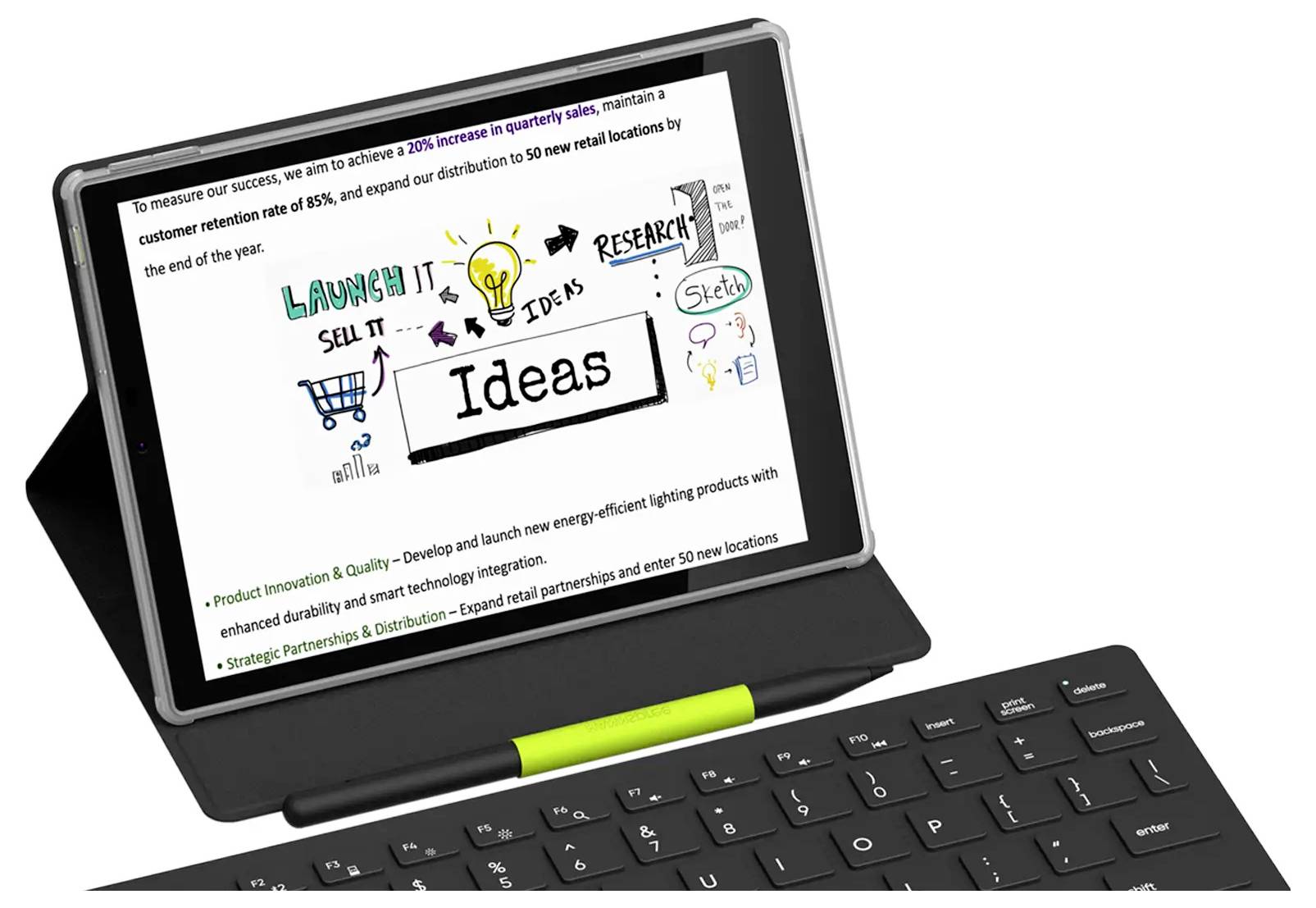 Een tablet op een toetsenbord toont een presentatiedia. Er staat 'Ideeën' met schetsen en notities over het lanceren en onderzoeken van nieuwe concepten.