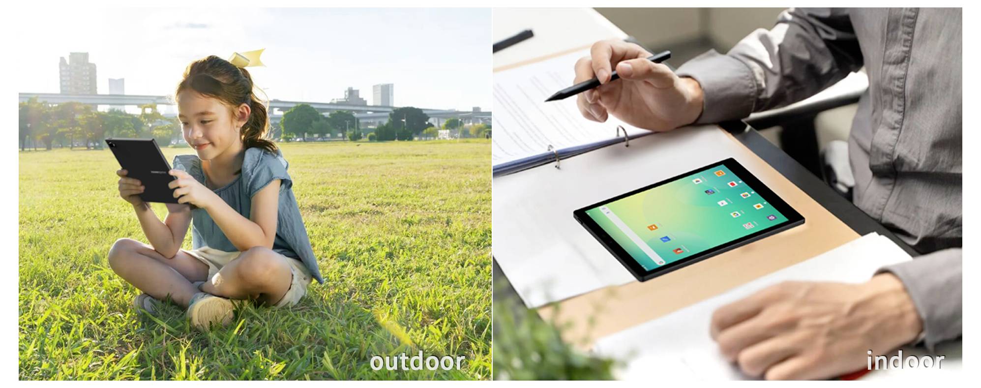 Een meisje zit op het gras en gebruikt een tablet buitenshuis, gemarkeerd als 'outdoor'; een persoon werkt aan een bureau met een tablet binnenshuis, gemarkeerd als 'indoor'.