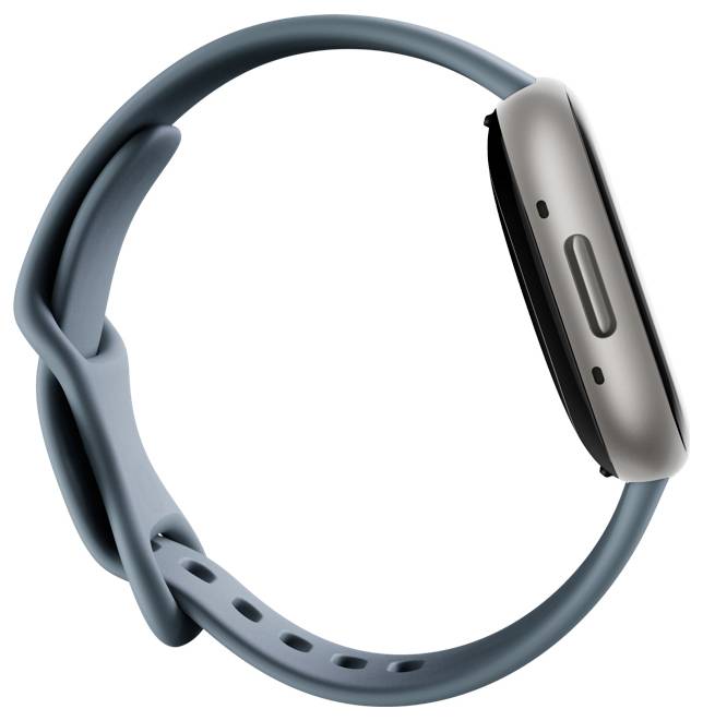 Een strakke smartwatch met een blauwe band en een minimalistisch ontwerp, voorzien van een zijknop en vloeiende, gebogen randen, weergegeven vanuit zij-aanzicht.