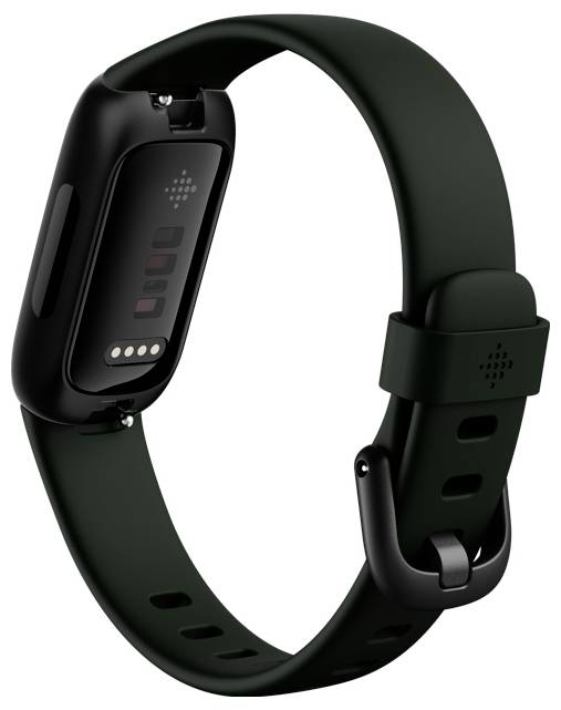 Een zwarte fitnesstracker met een groene band, gezien van opzij, met zichtbaar het sensorgedeelte en details van de polsband.