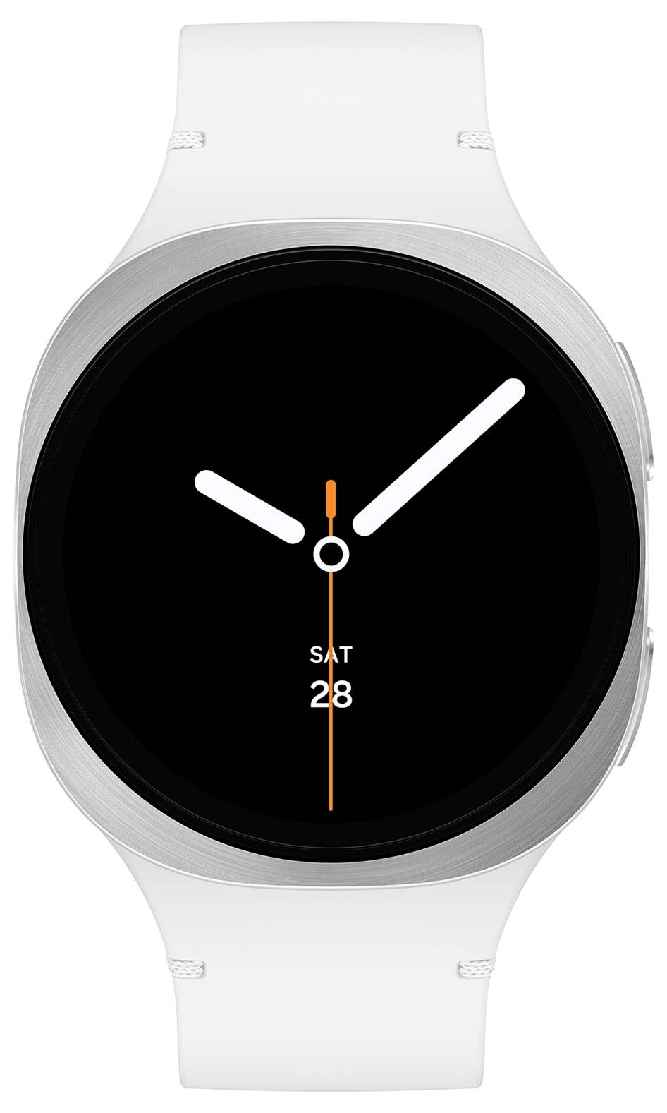 Een ronde smartwatch met een witte band toont de tijd op een donker scherm, met uur- en minutenwijzers, en 'ZAT 28' onder de wijzers.