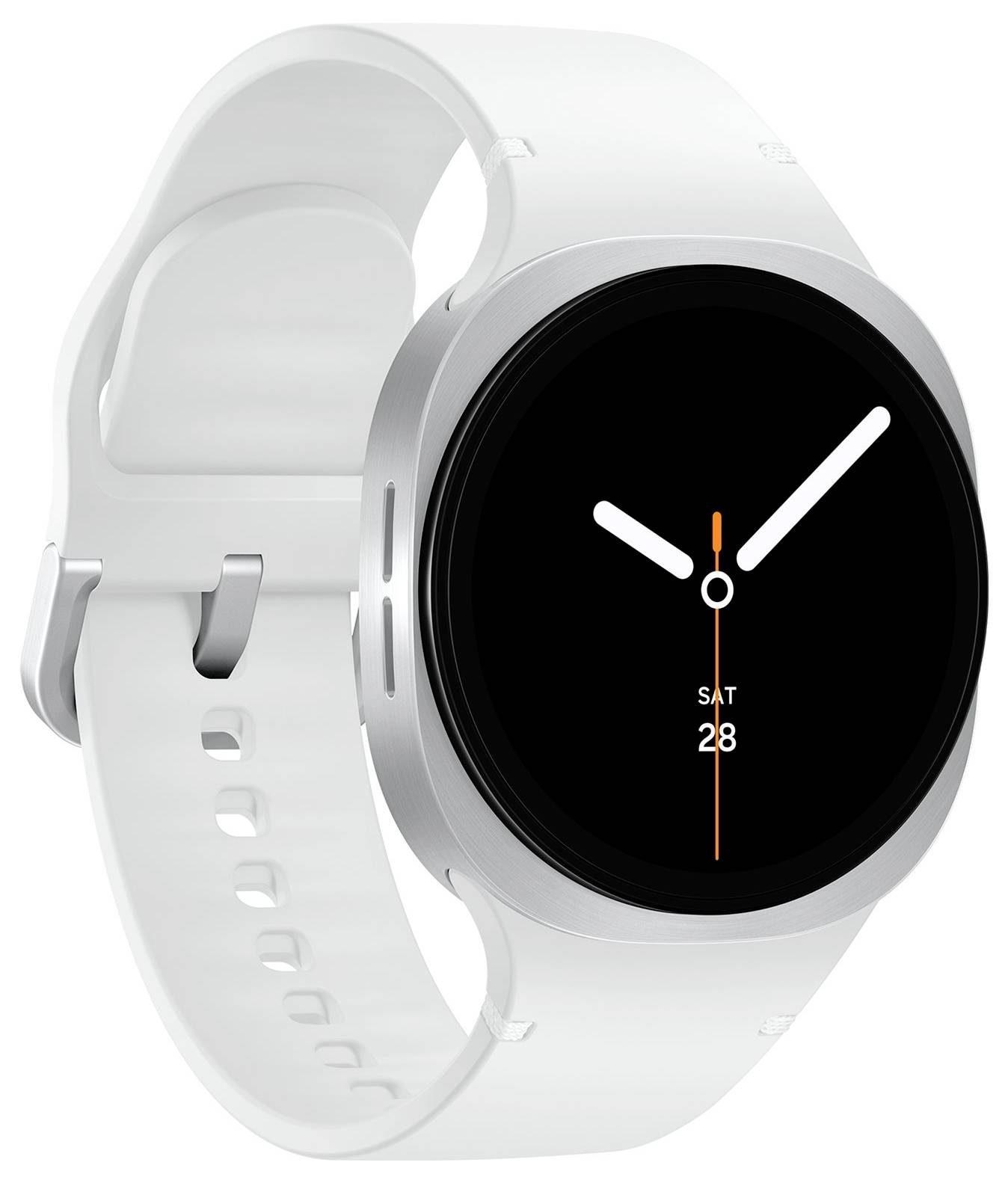Een strakke smartwatch met een witte band en een zwarte wijzerplaat waarop zaterdag de 28e staat met minimalistische witte uur- en minutenwijzers.