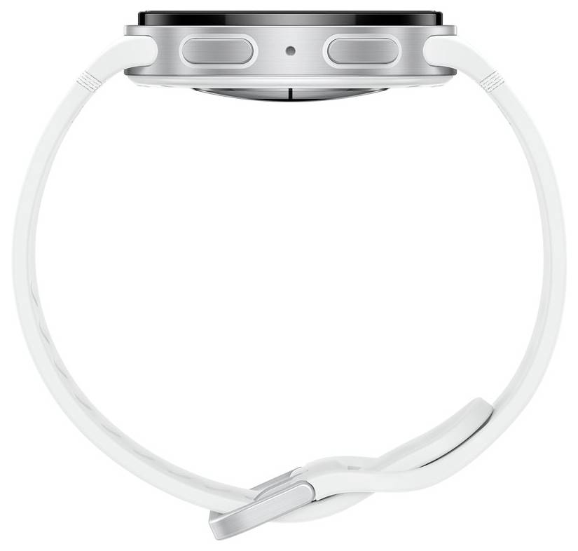 Een witte smartwatch met een rond display, gezien van opzij, met twee knoppen aan de rechterkant en een strak, minimalistisch ontwerp.