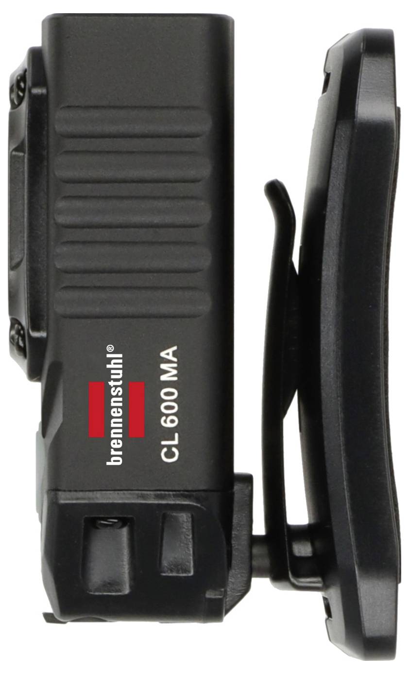 Een zwarte klembare werkverlichting met een zijdelingse klembevestiging, gelabeld als 'brennenstuhl CL600 MA', ontworpen voor handvrije verlichting.