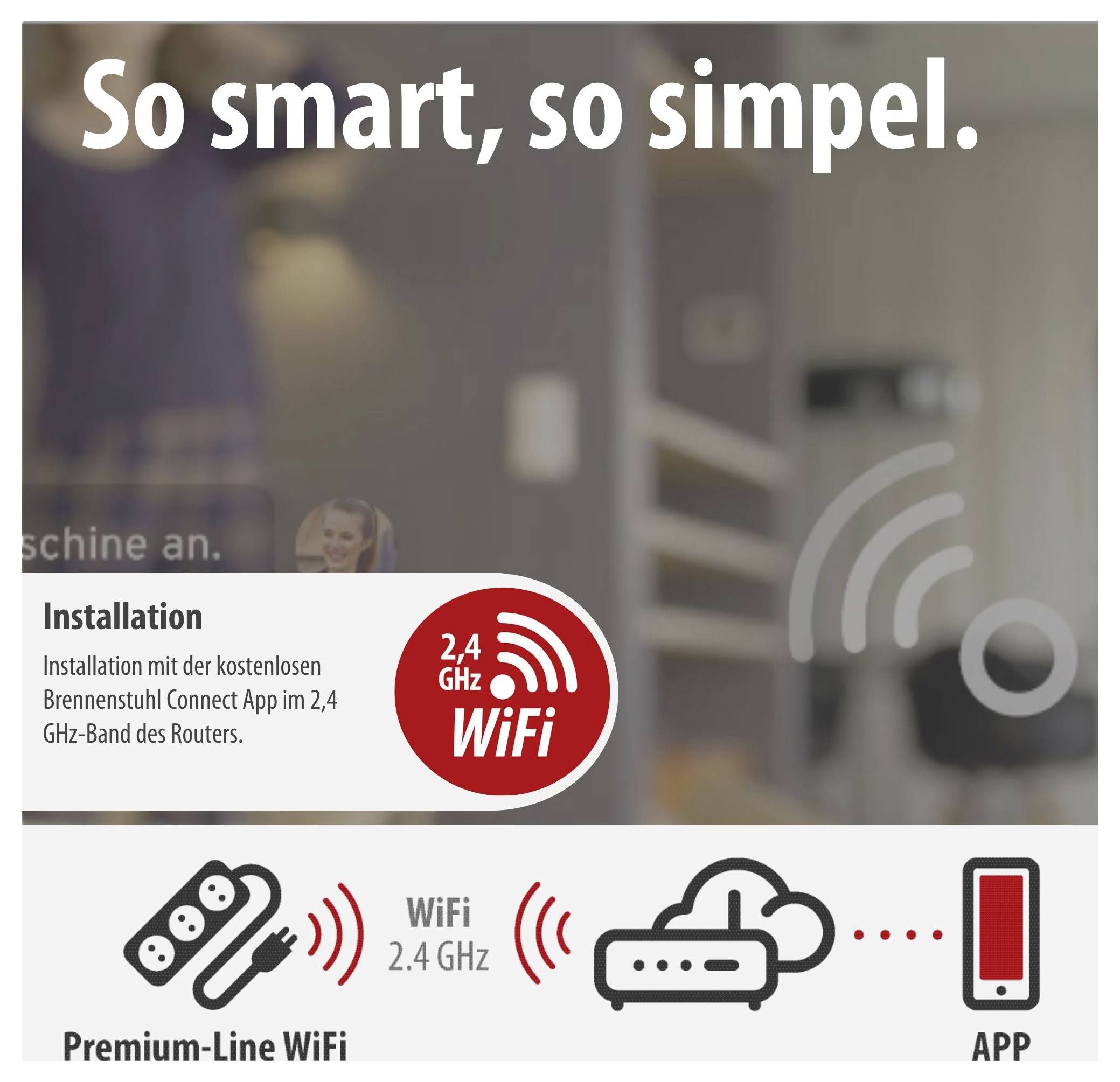 Advertentiegrafiek met de tekst 'Zo slim, zo eenvoudig.' en een uitleg over installatie via de 'Brennenstuhl Connect App' voor 2,4-GHz-WiFi; onderaan symbolen voor stekkerdozenstrip, router en app.