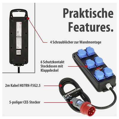 Productafbeelding van een stekkerdoos: 4 schroefgaten voor wandmontage, 6 beschermcontact-stopcontacten met klapdeksels, 2 m kabel H07RN-F5G2.5 en 5-polige CEE-stekker.