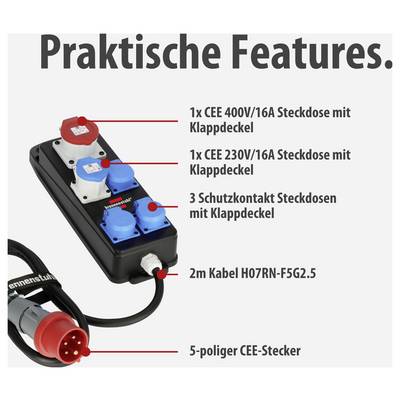 Overzicht van een stekkerdoos met beschrijving: 1x CEE 400V/16A, 1x CEE 230V/16A, 3 geaarde contactdozen met klapdeksel, 2m H07RN-F5G2.5-kabel, 5-polige CEE-stekker.
