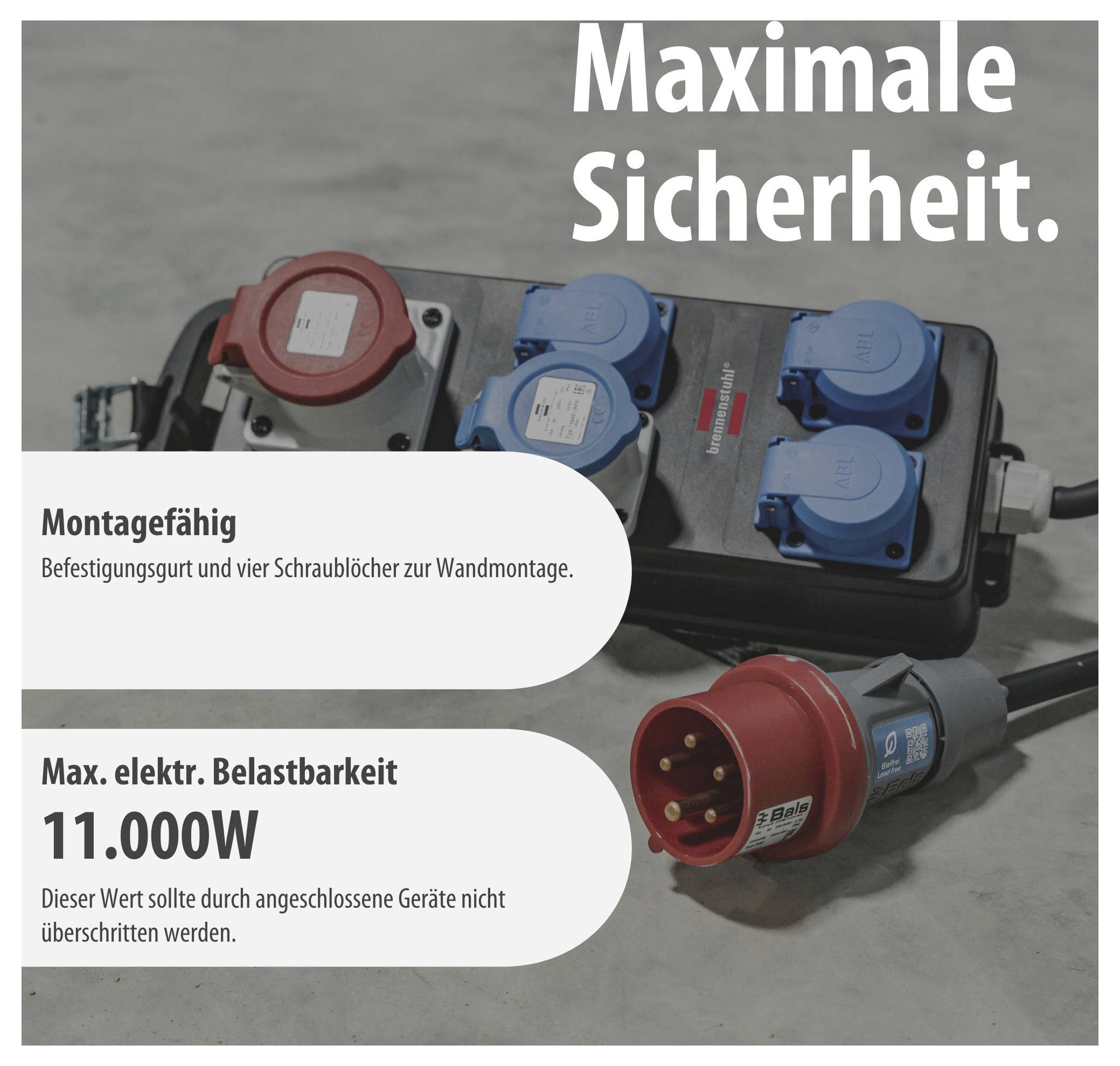 Contactdozenverspreiding met rode CEE-stekker en meerdere blauwe aansluitingen; Tekst: 'Maximale veiligheid', monteerbaar, max. elektrische belastbaarheid 11.000 W.