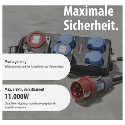 Contactdozenverspreiding met rode CEE-stekker en meerdere blauwe aansluitingen; Tekst: 'Maximale veiligheid', monteerbaar, max. elektrische belastbaarheid 11.000 W.