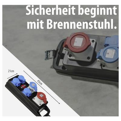 Reclamegrafiek met stekkerdoos en de tekst 'Veiligheid begint met Brennstuhl.'; linksonder is de stekkerdoos afgebeeld met afmetingen van 21 cm en 43 cm.