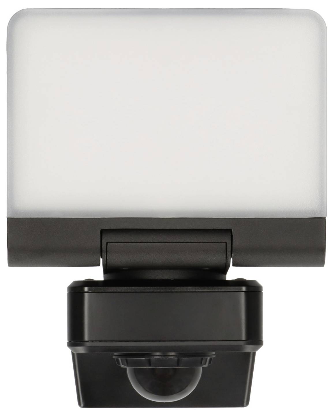 Een bewegingssensorlamp met een rechthoekige, matte afdekking en verstelbare bevestiging. Ideaal voor het verbeteren van de woningbeveiliging en zichtbaarheid 's nachts.