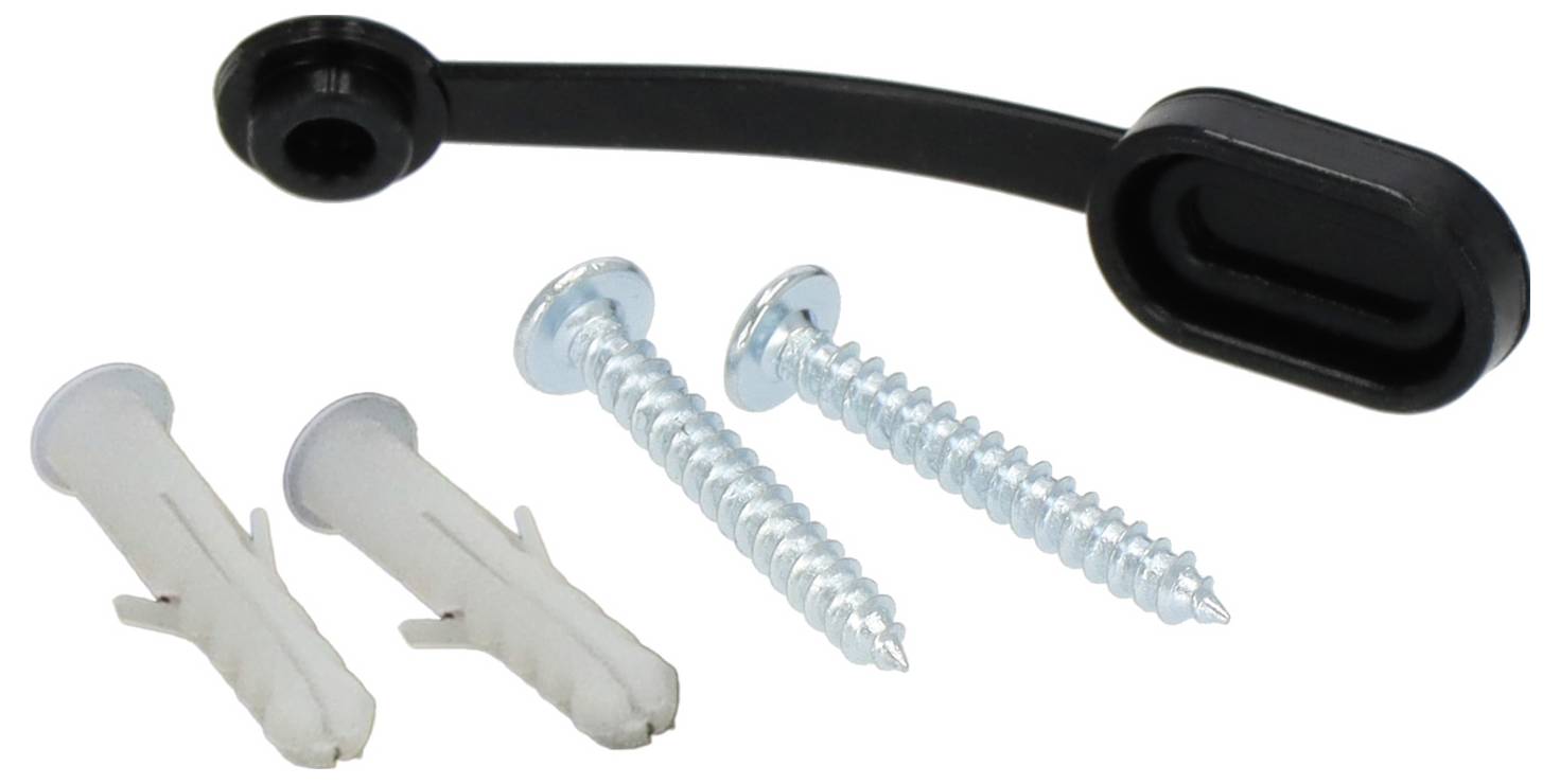 Zwarte kunststof muurhaak met twee witte ankers en twee metalen schroeven.