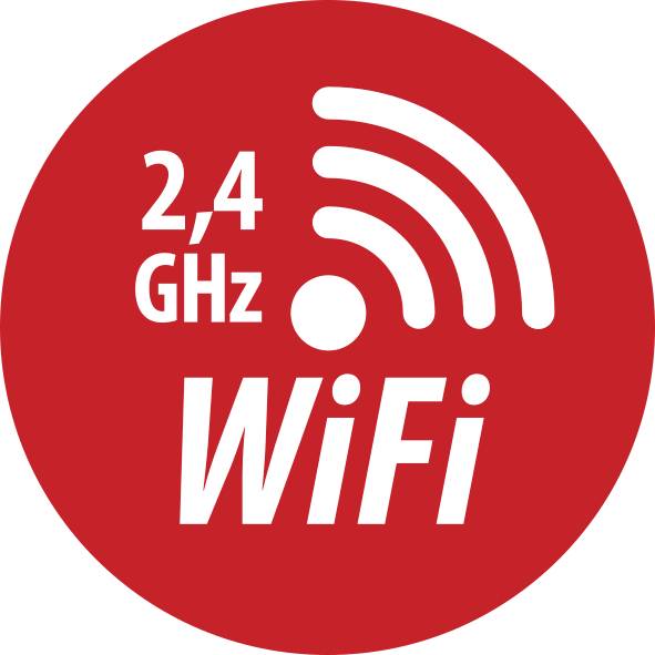 Rode circulaire pictogram met witte tekst en Wi-Fi-symbool, dat '2,4 GHz WiFi' aangeeft.