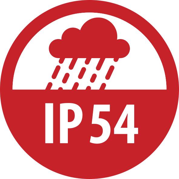 Een rode cirkel met een wolk- en regenicoon boven de tekst 'IP 54', dat bescherming aangeeft tegen stof en watersprays.