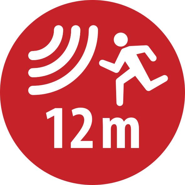 Rode cirkel met witte symbolen die bewegingslijnen, een rennende figuur en '12m' tonen, wat een bewegingssensoractivatiebereik van 12 meter aangeeft.