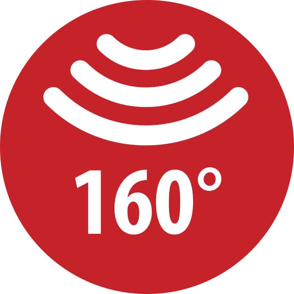 Rode cirkel met wit geluidsgolfpictogram en '160°' tekst, die een 160-graden functie aangeeft.
