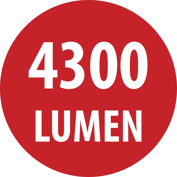 Een rode cirkel toont de tekst '4300 LUMEN', wat het helderheidsniveau aangeeft.