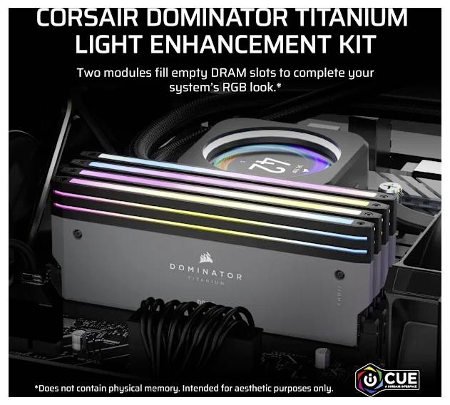 'Dominator Titanium RAM-kit met RGB-verlichting geïnstalleerd in een computer, die de esthetiek van het systeem verbetert. Gelabeld als Corsair-product.'