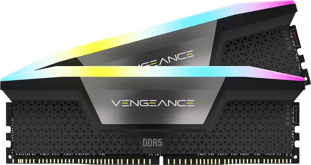 RGB DDR5 RAM-sticks gelabeld als 'Vengeance' met kleurrijke verlichting aan de bovenkant, wat wijst op hoogpresterende geheugencomponenten.