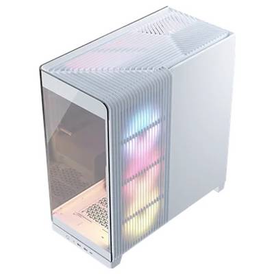 'Witte computerbehuizing met transparant zijpaneel en RGB-verlichting aan de voorkant, waarbij de interne componenten zichtbaar zijn en een minimalistisch ontwerp wordt getoond.'