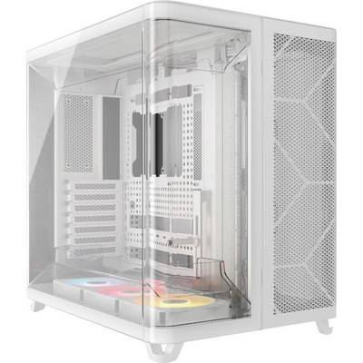 Een witte computerbehuizing met een transparant zijpaneel, die een lege binnenkant toont met drie kleurrijke ventilatoren onderaan.
