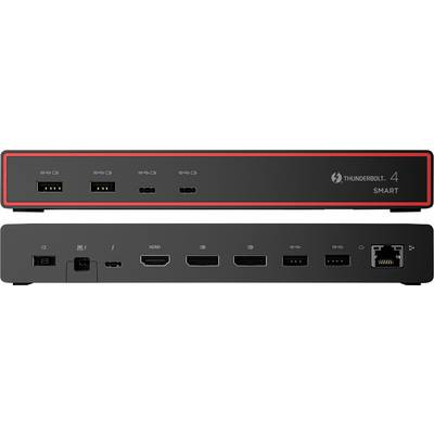 'Thunderbolt 4 dock met meerdere poorten, waaronder USB-A, USB-C, HDMI, DisplayPort, Ethernet en stroomaansluiting.'