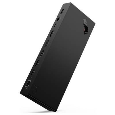 Een zwarte, rechthoekige dockingstation met meerdere poorten waaronder HDMI, USB en Ethernet, voorzien van het rode 'ThinkPad' logo.