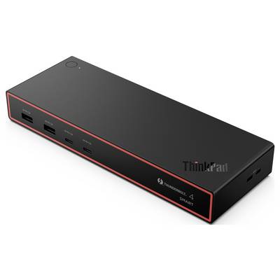 'ThinkPad Thunderbolt 4 Smart Dock' met meerdere poorten voor connectiviteit, waaronder USB en Thunderbolt, in een strak zwart design.