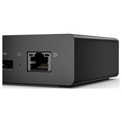Een close-up van een zwart elektronisch apparaat met een Ethernet-poort, een wolkensymbool en een USB-poort, waarbij de connectiviteitopties worden belicht.