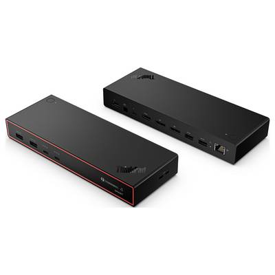 'Twee zwarte ThinkPad-dockingstations met meerdere poorten, waaronder USB-C en Ethernet, op een witte achtergrond.'