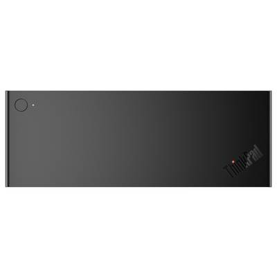 De afbeelding toont de achterkant van een strak, zwart laptop met een ronde aan/uit-knop en een kleine LED-lamp, voorzien van het 'ThinkPad'-logo.