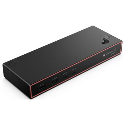 Een rechthoekige zwarte ThinkPad dockingstation met meerdere poorten, waaronder USB-C en Thunderbolt, ontworpen voor het aansluiten van apparaten.