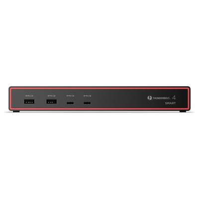 De afbeelding toont een Thunderbolt 4 slimme dockingstation met meerdere USB- en Thunderbolt-poorten op het voorpaneel voor apparaataansluiting.