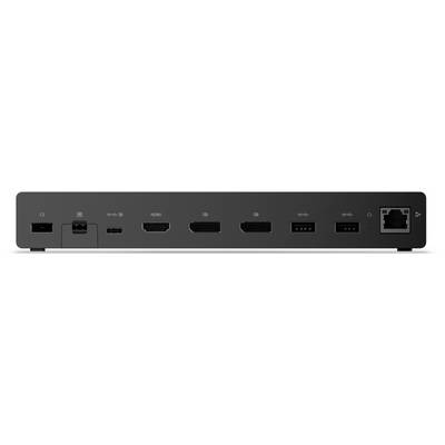 Een zwart elektronisch apparaat met meerdere poorten waaronder HDMI, USB en Ethernet.