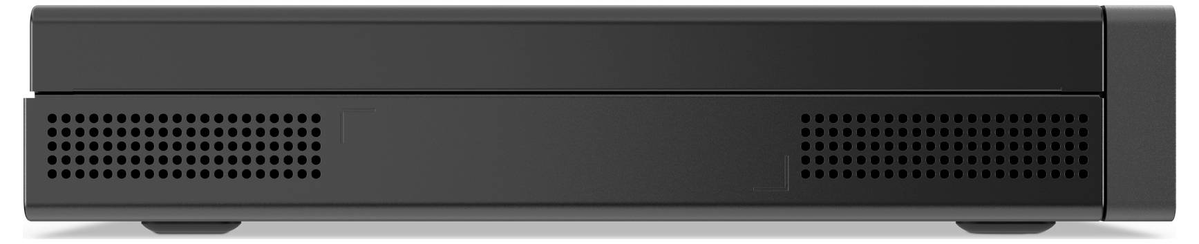 Een zwart elektronisch apparaat met een voorpaneel met ventilatiesleuven, waarschijnlijk een mediaspeler of digitale ontvanger.