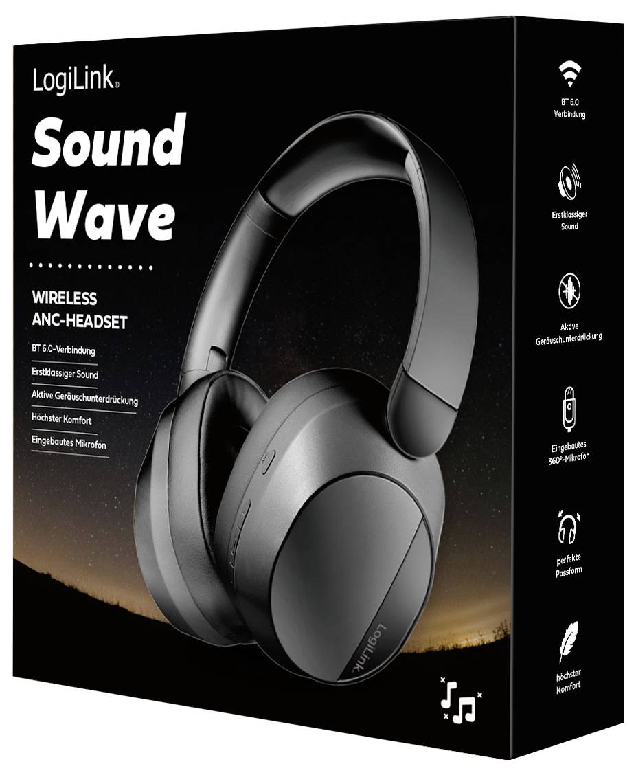 'Sound Wave' verpakking voor LogiLink draadloze ANC-hoofdtelefoon, met ruisonderdrukking, ergonomisch ontwerp en Bluetooth V5.0-connectiviteit.