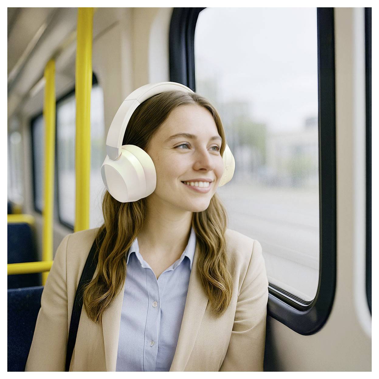 Een vrouw met een koptelefoon, glimlachend en uitkijkend uit het raam van een trein. Ze draagt zakelijke kleding, wat wijst op een woon-werktraject.