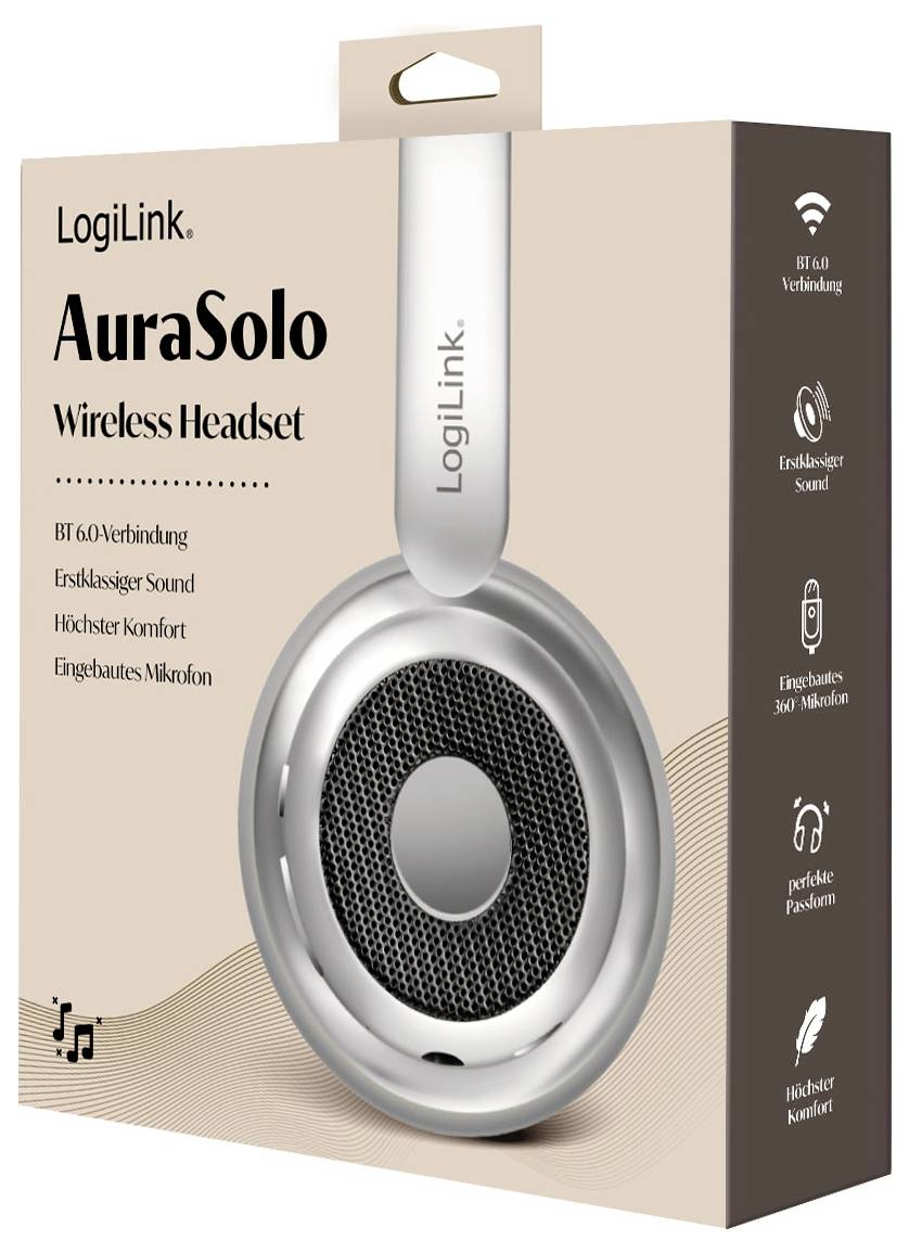 Verpakking voor LogiLink AuraSolo Draadloze Headset met weergave van het hoofdtelefoonontwerp en functies zoals Bluetooth 5.0, ingebouwde microfoon en hoog draagcomfort.