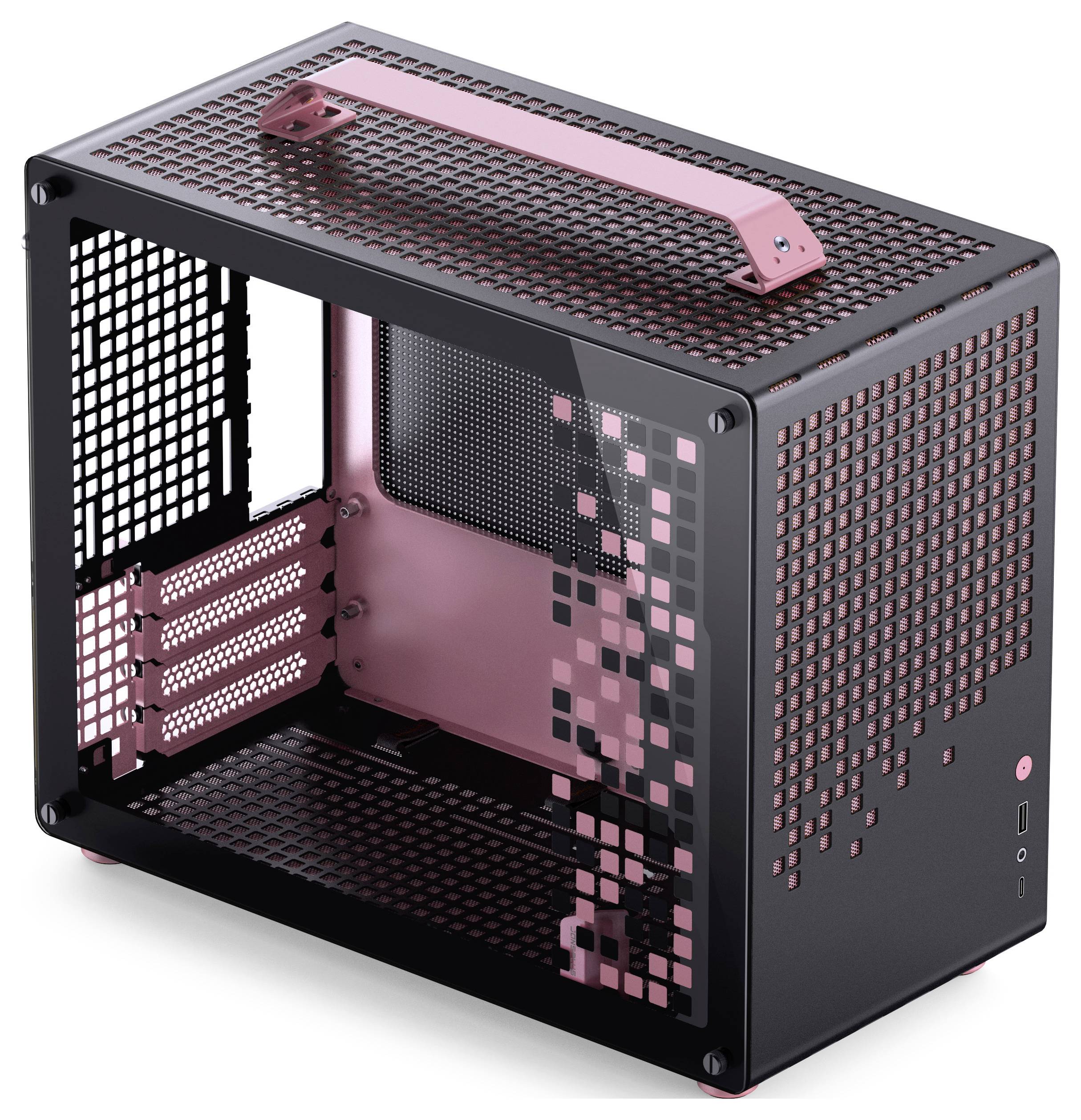 Een kleine, zwarte metalen computerbehuizing met een roze accent en geperforeerd ontwerp, voorzien van een handgreep aan de bovenkant en zijdelingse open toegang.