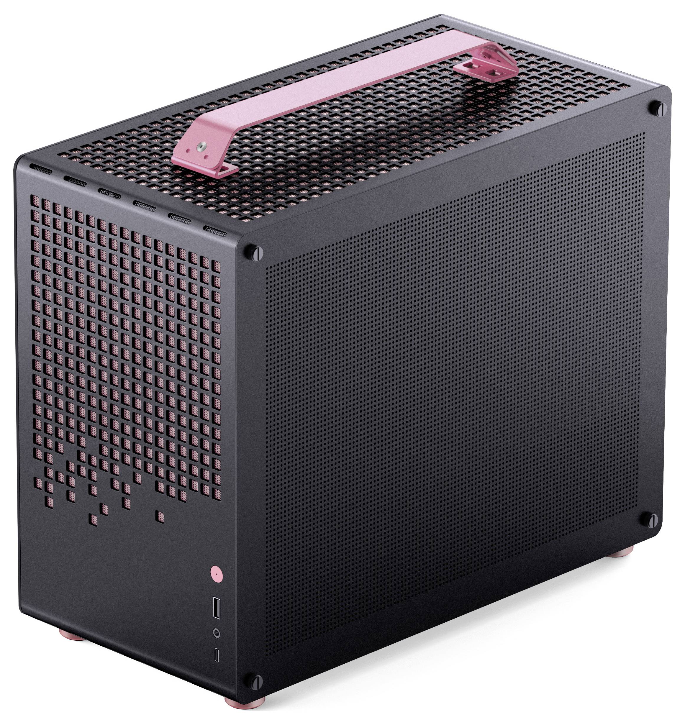Een zwarte computerbehuizing met een roze metallic handgreep en accenten, voorzien van een rooster van ventilatieopeningen aan de zijkant voor koeling.