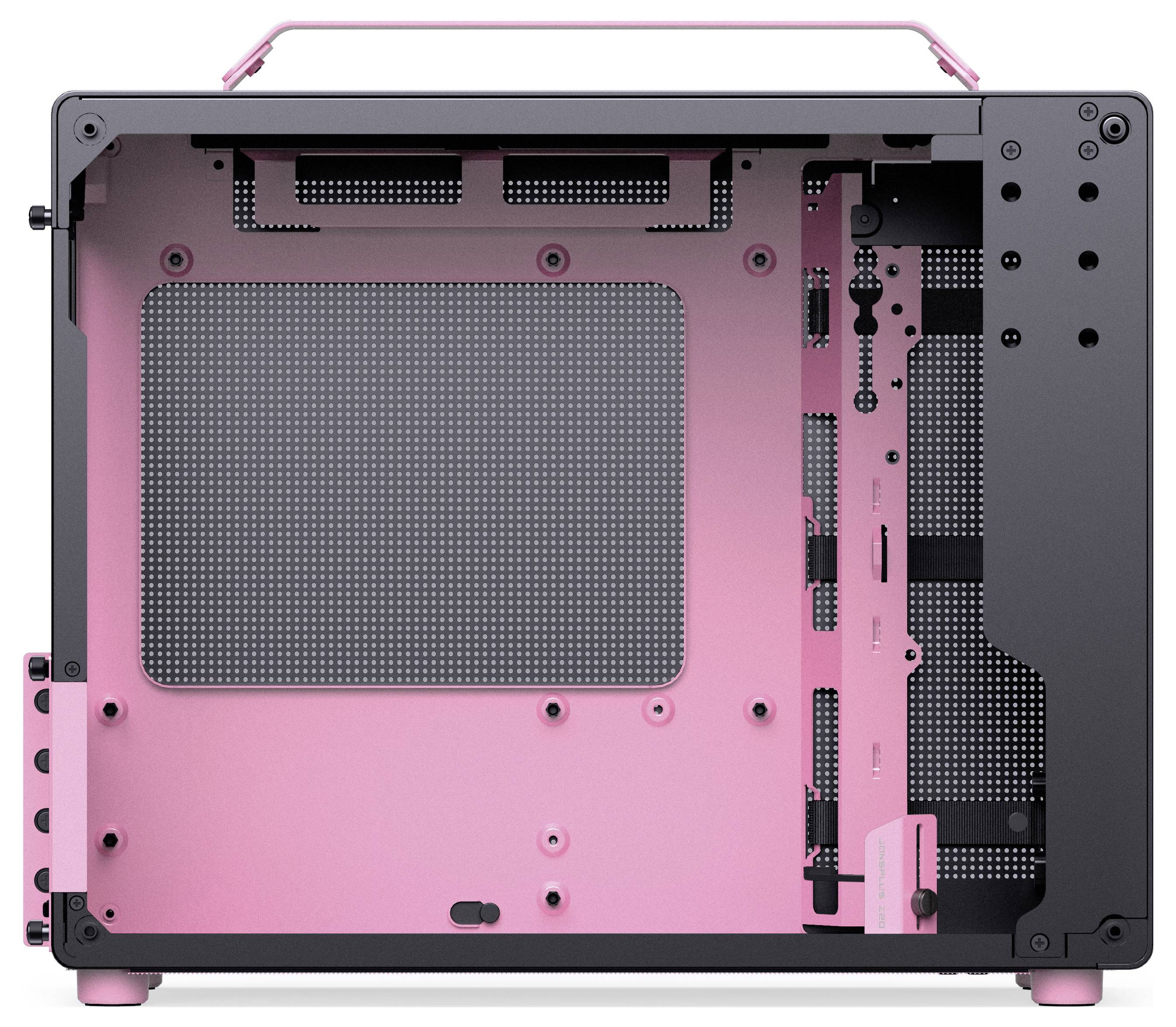 Een zwarte en roze computerbehuizing met een open zijpaneel, waarbij ruimte zichtbaar is voor componenten en ventilatieopeningen.
