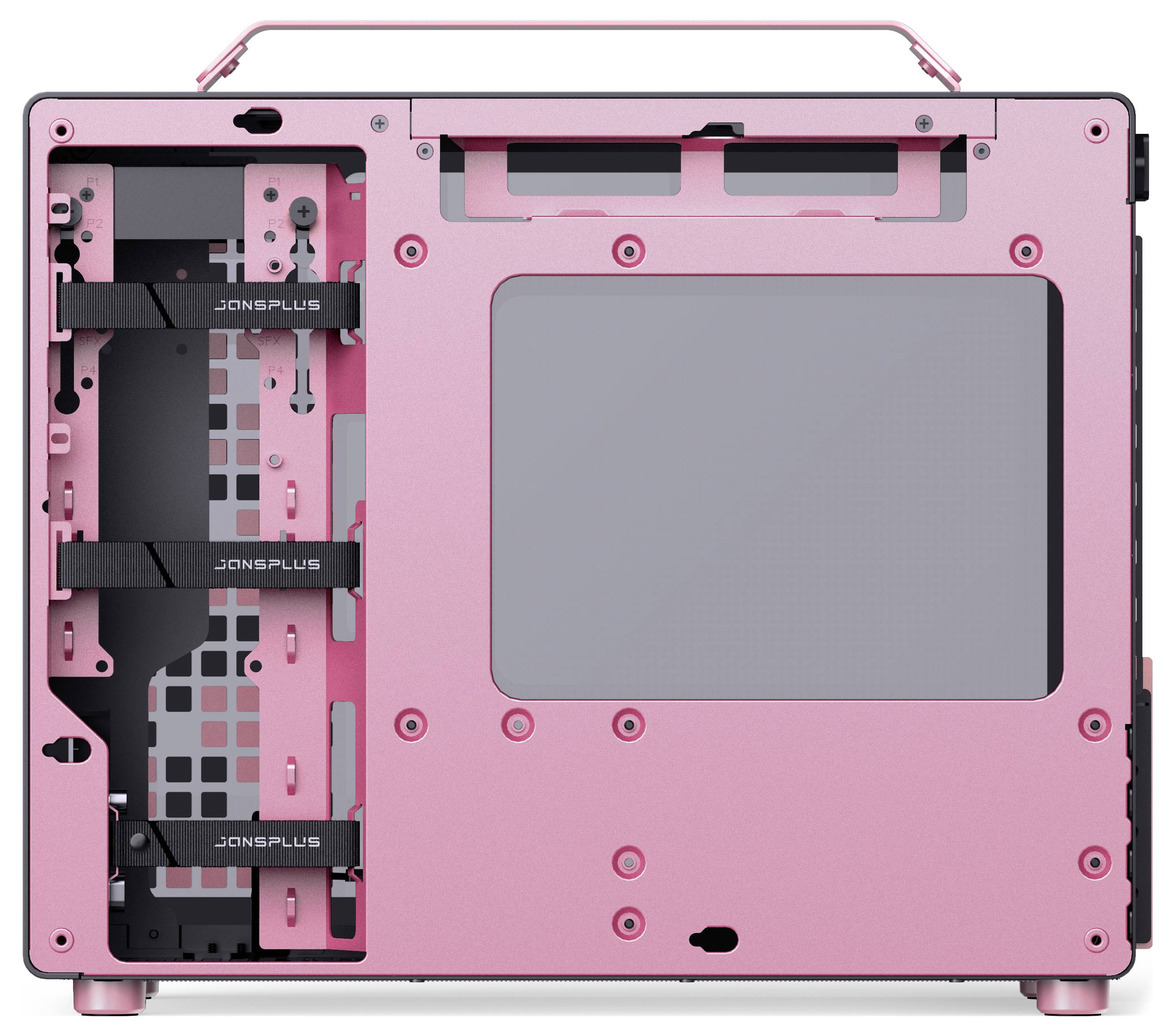 Zijaanzicht van een roze computerbehuizing, waarbij het binnenframe met montagegebieden voor componenten zichtbaar is.