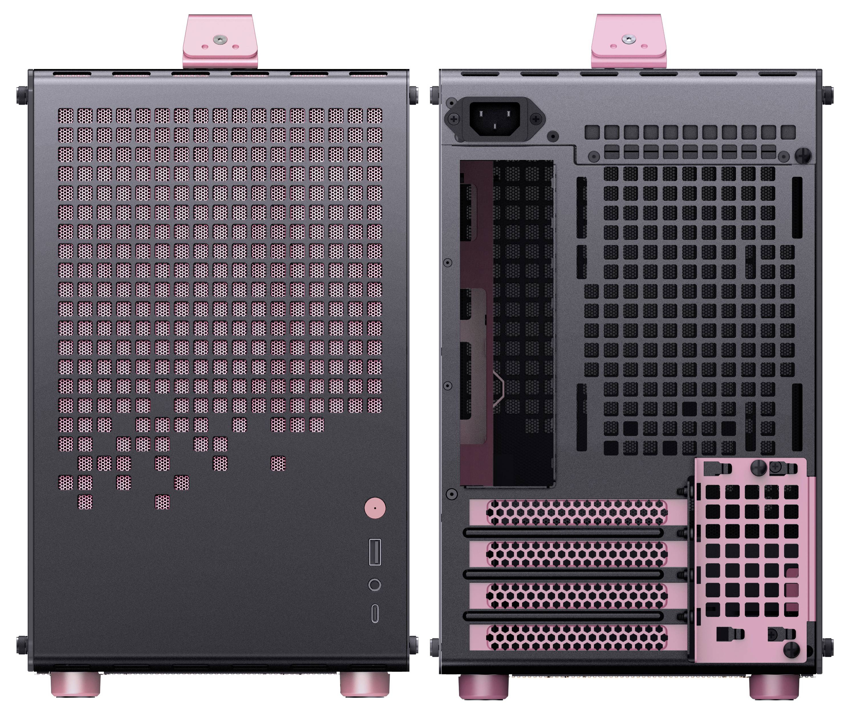 Een zwarte en roze computerbehuizing met ventilatierooster, USB-poorten aan de voorkant en meerdere sleuven aan de achterkant voor componenten en kabels.