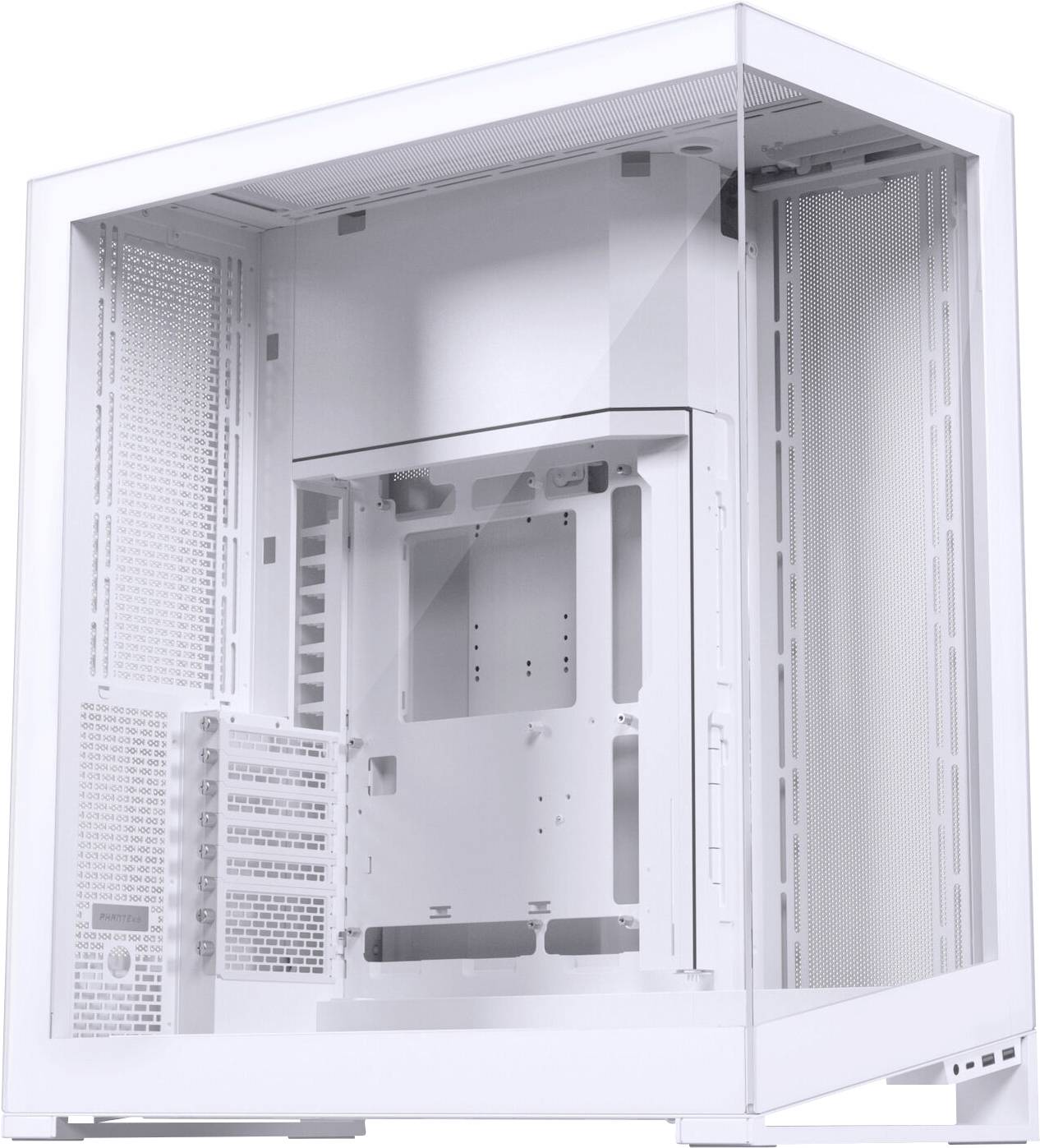 Een witte, lege computerbehuizing met transparante zijpanelen, gekenmerkt door een minimalistisch ontwerp en een ruimteuelige binnenkant voor componenten.